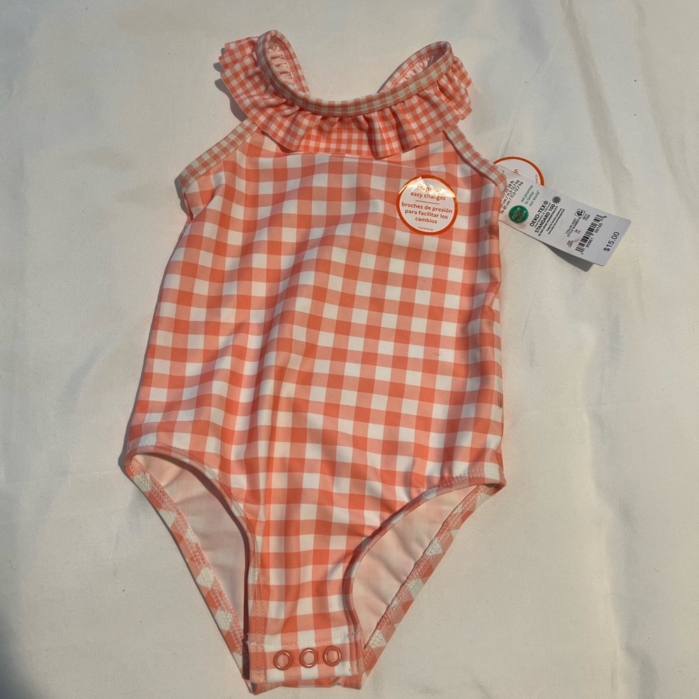 Girls' Pink Gingham Ruffle Collar One-Piece Swimsuit